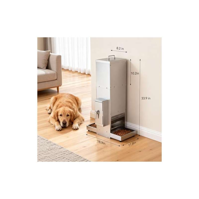 Chipak 9.25gal Automatic Dog Feeder for Two Large Dogs | Stainless Steel Pet Dispenser with Timer and Programmable Feeding Schedule, Dual Tray, Without Battery