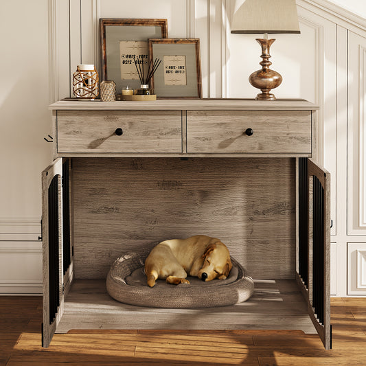 40 Inch Heavy-Duty Iron Multi-Functional Dog Kennel & End Table with Double Door Design, 2 Storage Drawers & Sturdy Top - 150 lbs Weight Capacity, Oak Grey - Decorative Indoor Pet House for Small, Medium & Large Dogs, Space-Saving Furniture for Apar