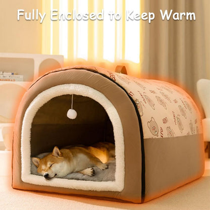 Dog Bed House, 2 Ways to Use, Indoor Pet House for Cats and Small Dogs with Fluffy Mat, Removable and Washable Cover, Splash-Proof House and Non-Slip Bottom