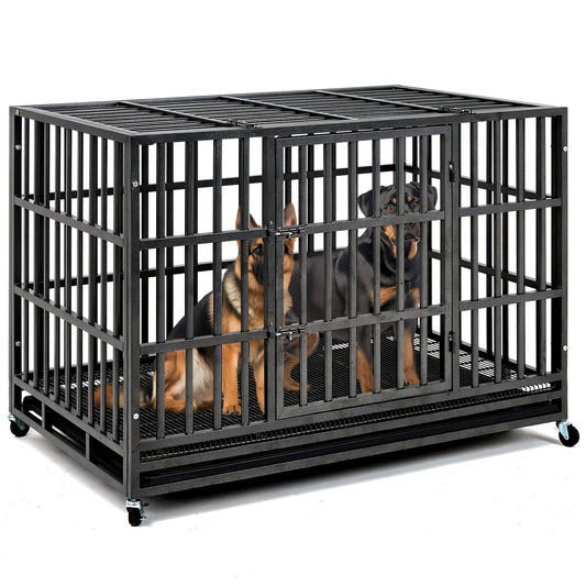 48IN Heavy Duty Dog Crate Escape Proof, Indoor Double Door High Anxiety Cage, Kennel With Wheels, Removable Tray, Extra Large