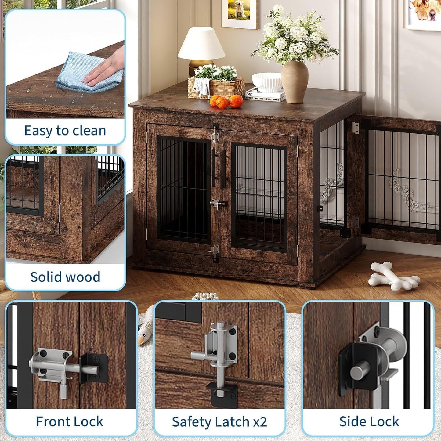 Heavy-Duty Dog Crate, 31 Inch Modern Dog House with Double Doors | Suitable for Small Medium Dogs, Plywood Kennel Serving as a Side or End Table for Living Room, Bedroom, Rustic Brown