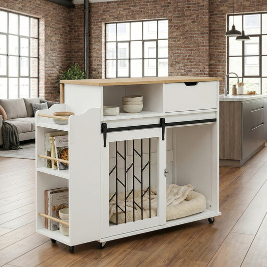 Pet Dog Cage and Storage Cabinet with Wheels and Sliding Doors | 33.8 Inches Multi-functional Cream-colored Dog Furniture-style Footstool Suitable for Small Dogs Weighing No More Than 40 Pounds, Wood Material