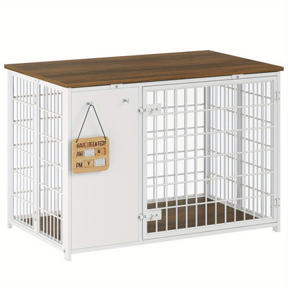 Foldable Dog Crate Furniture, Heavy Duty Dog Kennel Indoor with Hooks, Dog Crate with DIY Frame, Wooden Dog Cage End Table, for Small\Medium Dogs, White and Walnut