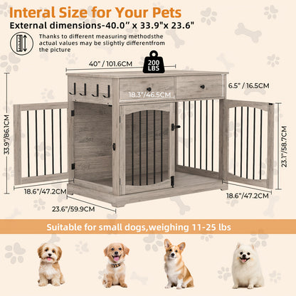40 Inch Heavy-Duty Iron Multi-Functional Dog Kennel & End Table with Double Door Design, 2 Storage Drawers & Sturdy Top - 150 lbs Weight Capacity, Oak Grey - Decorative Indoor Pet House for Small, Medium & Large Dogs, Space-Saving Furniture for Apar