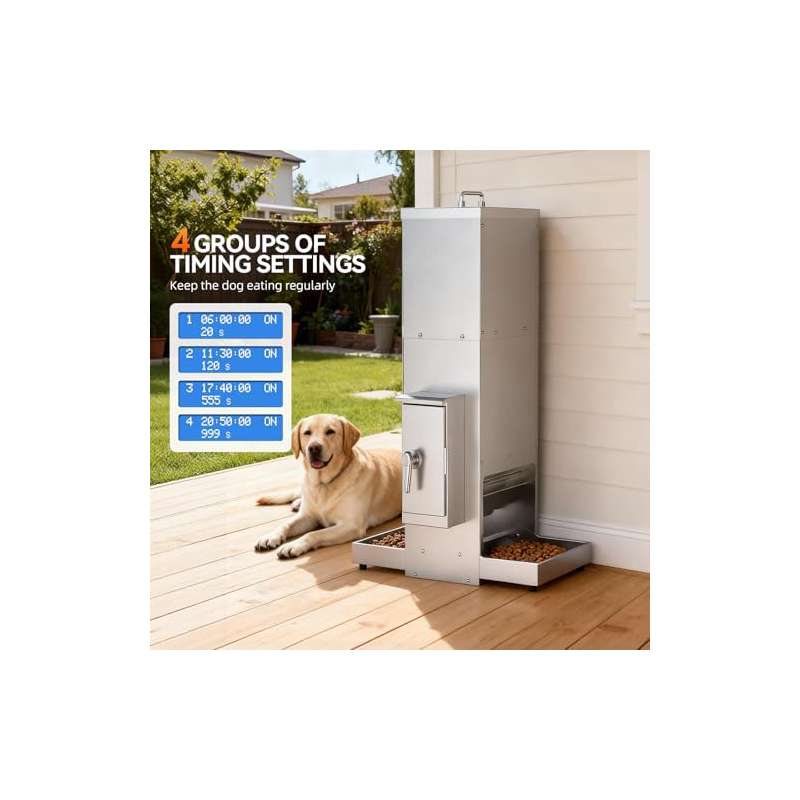 Chipak 9.25gal Automatic Dog Feeder for Two Large Dogs | Stainless Steel Pet Dispenser with Timer and Programmable Feeding Schedule, Dual Tray, Without Battery