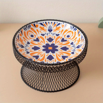 2pcs set: 1 high-neck bowl+ 1 bowl, Bohemian style pet feeding bowl