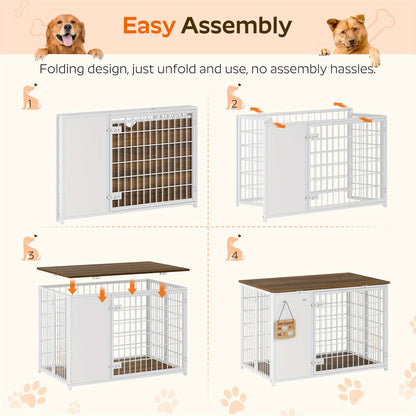 Foldable Dog Crate Furniture, Heavy Duty Dog Kennel Indoor with Hooks, Dog Crate with DIY Frame, Wooden Dog Cage End Table, for Small\Medium Dogs, White and Walnut