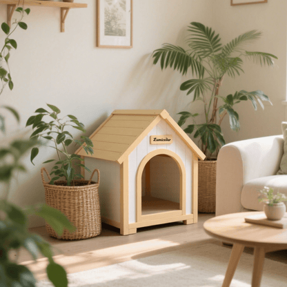 Cream Yellow FSC Solid Cedar Cabin Style Pet House | Indoor Shelter for Small Dogs and Cats, Wood Material