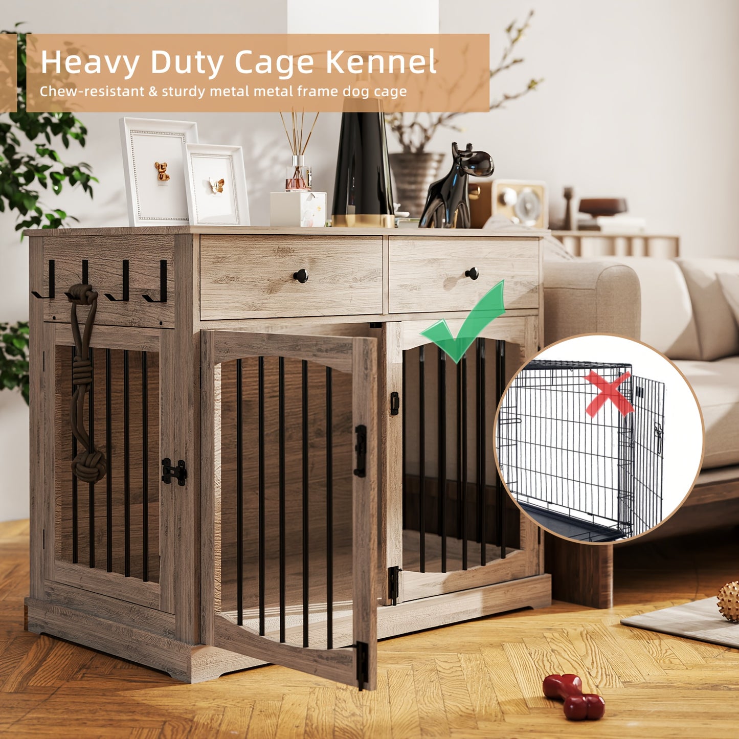 40 Inch Heavy-Duty Iron Multi-Functional Dog Kennel & End Table with Double Door Design, 2 Storage Drawers & Sturdy Top - 150 lbs Weight Capacity, Oak Grey - Decorative Indoor Pet House for Small, Medium & Large Dogs, Space-Saving Furniture for Apar