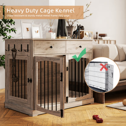 40 Inch Heavy-Duty Iron Multi-Functional Dog Kennel & End Table with Double Door Design, 2 Storage Drawers & Sturdy Top - 150 lbs Weight Capacity, Oak Grey - Decorative Indoor Pet House for Small, Medium & Large Dogs, Space-Saving Furniture for Apar