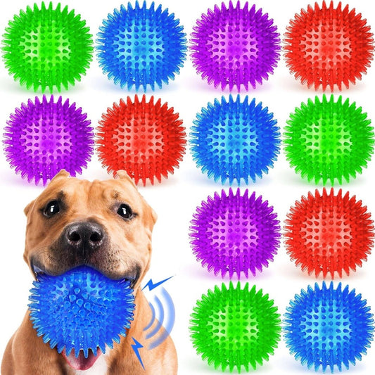 12 Pack 4.5" Heavy Duty Squeaky Dog Balls | Medium Large Dogs, Large Spiky Ball Toys for Aggressive Chewers, Pet Training, Clean Teeth, Outdoor, 4 Colors, Natural Rubber