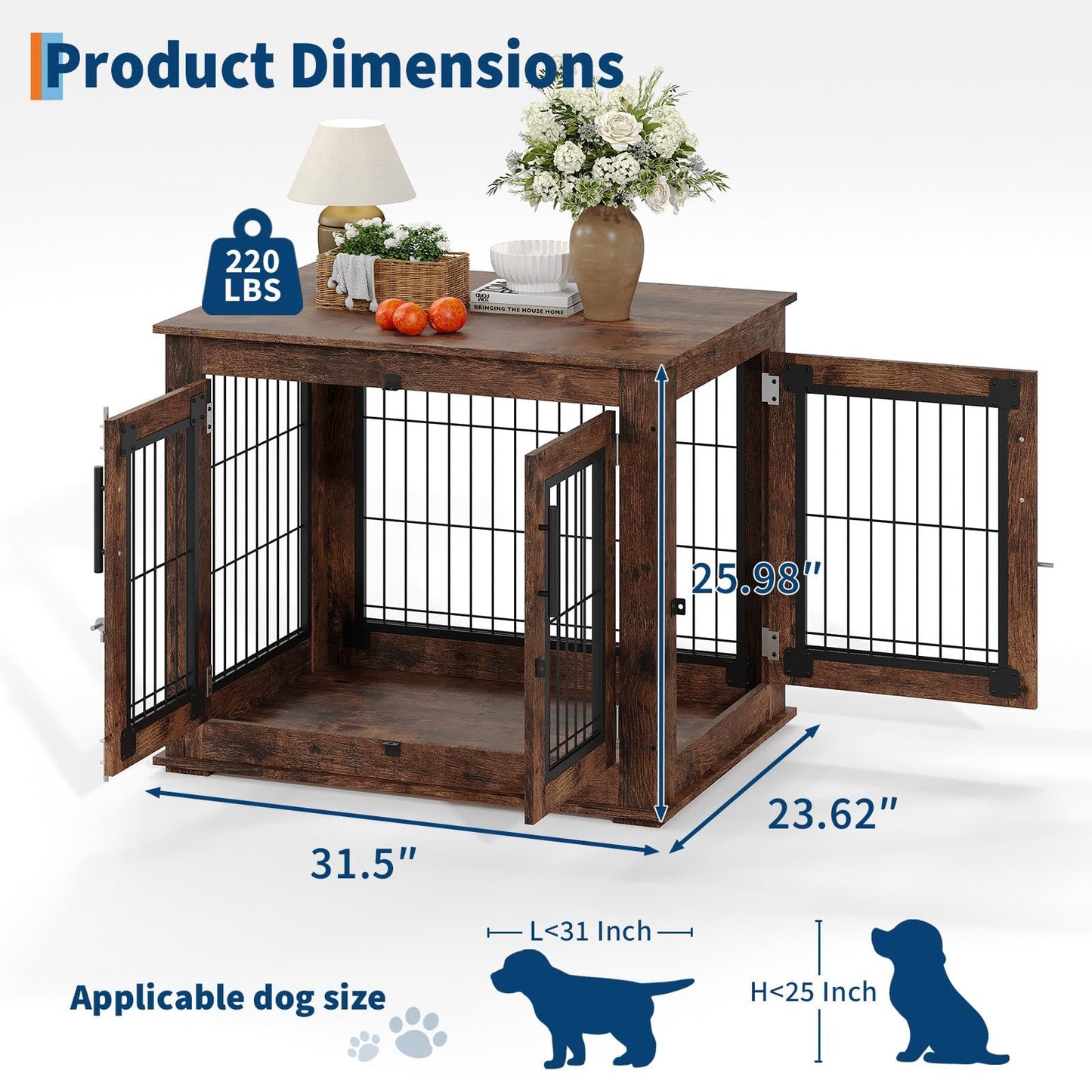 Heavy-Duty Dog Crate, 31 Inch Modern Dog House with Double Doors | Suitable for Small Medium Dogs, Plywood Kennel Serving as a Side or End Table for Living Room, Bedroom, Rustic Brown