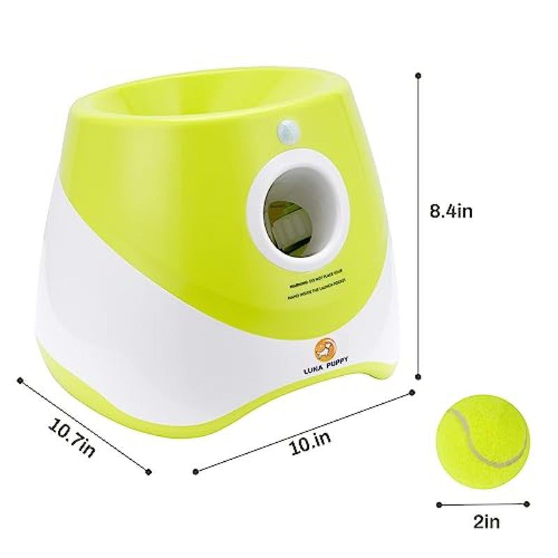 Automatic Dog Ball Launcher with 3 Range Modes, 6 Mini Tennis Balls & Data Cable Plug-in Automatic Operation, Indoor\Outdoor Interactive Ball Thrower for Small\Medium Dogs, for Puppy Training & Solo Play