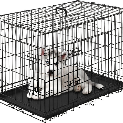 Small Dog Crate Kennel 24 Dog Cage Double- Door Folding Travel Indoor Outdoor Puppy Playpen with Divider and Handle Tray, Black, All Season, Dog Crate for Small Dogs, Portable Dog Crate, Indoor Pet Enclosure, Outdoor Pet Pen