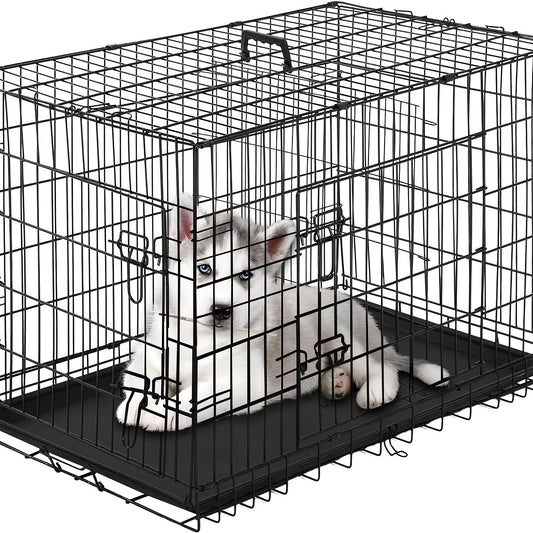 Small Dog Crate Kennel 24 Dog Cage Double- Door Folding Travel Indoor Outdoor Puppy Playpen with Divider and Handle Tray, Black, All Season, Dog Crate for Small Dogs, Portable Dog Crate, Indoor Pet Enclosure, Outdoor Pet Pen
