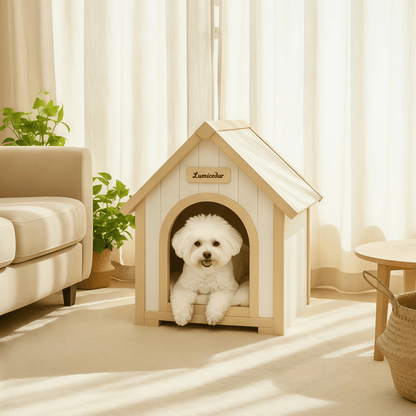 Cream Yellow FSC Solid Cedar Cabin Style Pet House | Indoor Shelter for Small Dogs and Cats, Wood Material
