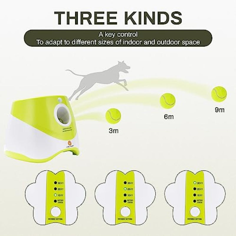 Automatic Dog Ball Launcher with 3 Range Modes, 6 Mini Tennis Balls & Data Cable Plug-in Automatic Operation, Indoor\Outdoor Interactive Ball Thrower for Small\Medium Dogs, for Puppy Training & Solo Play