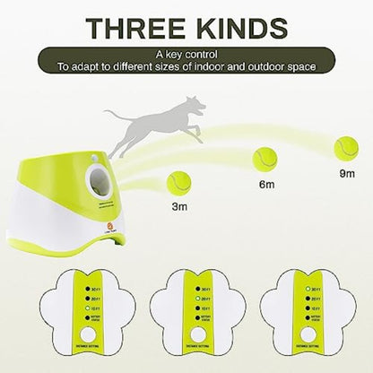 Automatic Dog Ball Launcher with 3 Range Modes, 6 Mini Tennis Balls & Data Cable Plug-in Automatic Operation, Indoor\Outdoor Interactive Ball Thrower for Small\Medium Dogs, for Puppy Training & Solo Play