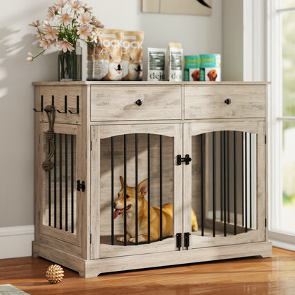 40 Inch Heavy-Duty Iron Multi-Functional Dog Kennel & End Table with Double Door Design, 2 Storage Drawers & Sturdy Top - 150 lbs Weight Capacity, Oak Grey - Decorative Indoor Pet House for Small, Medium & Large Dogs, Space-Saving Furniture for Apar