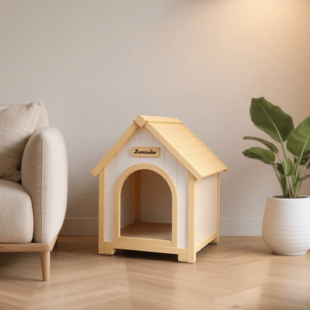 Cream Yellow FSC Solid Cedar Cabin Style Pet House | Indoor Shelter for Small Dogs and Cats, Wood Material