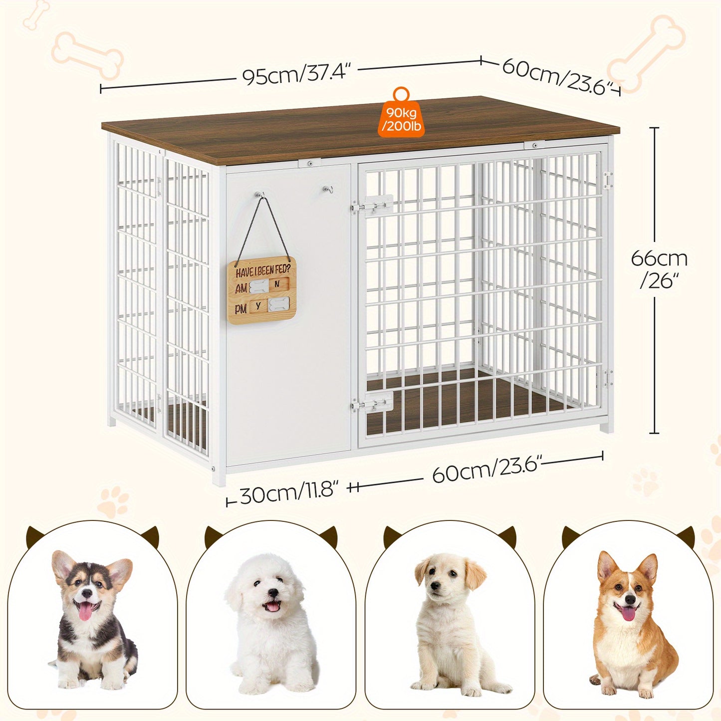Foldable Dog Crate Furniture, Heavy Duty Dog Kennel Indoor with Hooks, Dog Crate with DIY Frame, Wooden Dog Cage End Table, for Small\Medium Dogs, White and Walnut