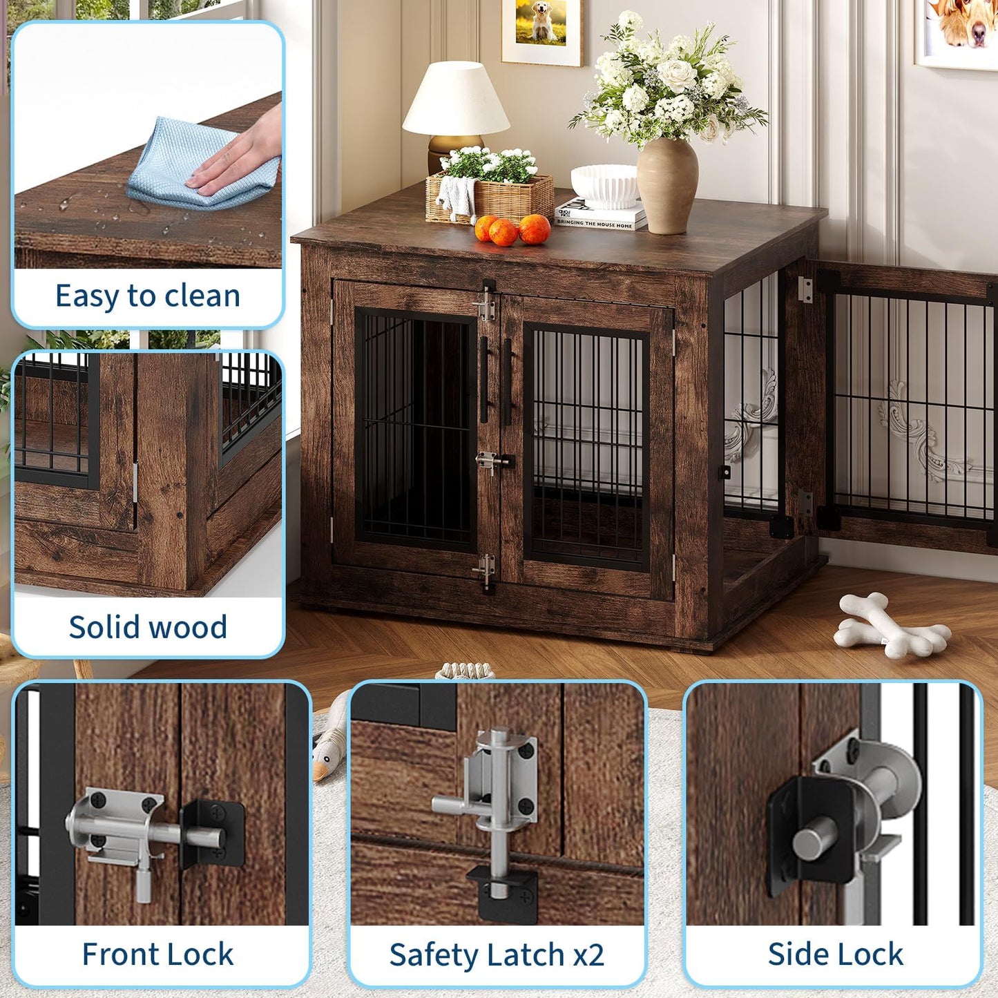 Heavy-Duty Dog Crate, 31 Inch Modern Dog House with Double Doors | Suitable for Small Medium Dogs, Plywood Kennel Serving as a Side or End Table for Living Room, Bedroom, Rustic Brown