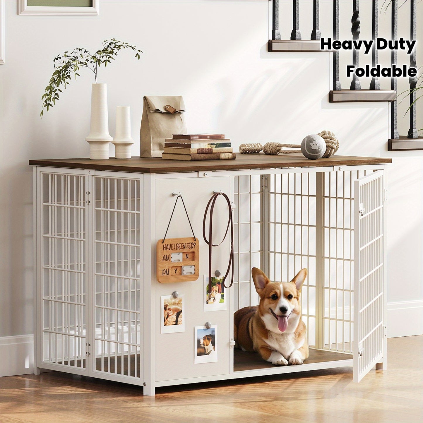 Foldable Dog Crate Furniture, Heavy Duty Dog Kennel Indoor with Hooks, Dog Crate with DIY Frame, Wooden Dog Cage End Table, for Small\Medium Dogs, White and Walnut