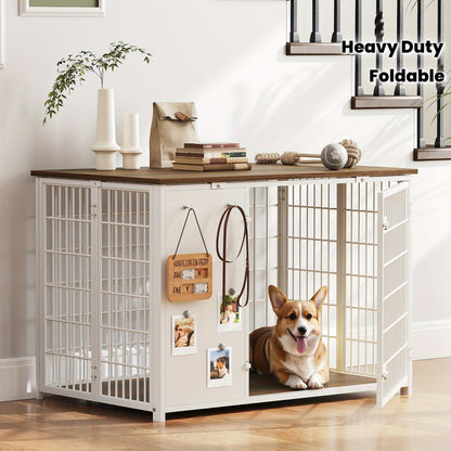 Foldable Dog Crate Furniture, Heavy Duty Dog Kennel Indoor with Hooks, Dog Crate with DIY Frame, Wooden Dog Cage End Table, for Small\Medium Dogs, White and Walnut