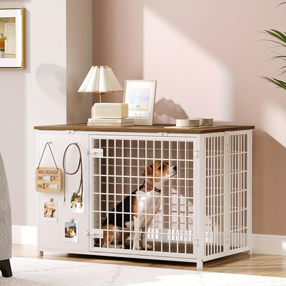 Foldable Dog Crate Furniture, Heavy Duty Dog Kennel Indoor with Hooks, Dog Crate with DIY Frame, Wooden Dog Cage End Table, for Small\Medium Dogs, White and Walnut