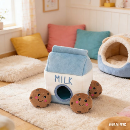 Burrow Interactive Dog & Puppy Toys - Plush Hide & Seek Puzzle with Squeaker, Milk & Cookie-Themed Chew-Resistant Chewable Enrichment Activity, Soft Plush Material for Mental Stimulation & Foraging Instincts