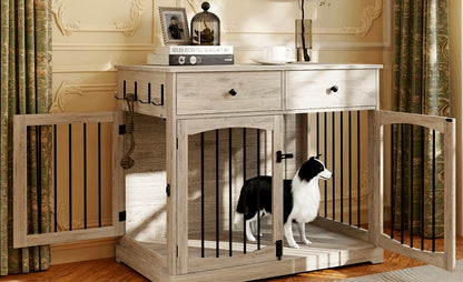 40 Inch Heavy-Duty Iron Multi-Functional Dog Kennel & End Table with Double Door Design, 2 Storage Drawers & Sturdy Top - 150 lbs Weight Capacity, Oak Grey - Decorative Indoor Pet House for Small, Medium & Large Dogs, Space-Saving Furniture for Apar