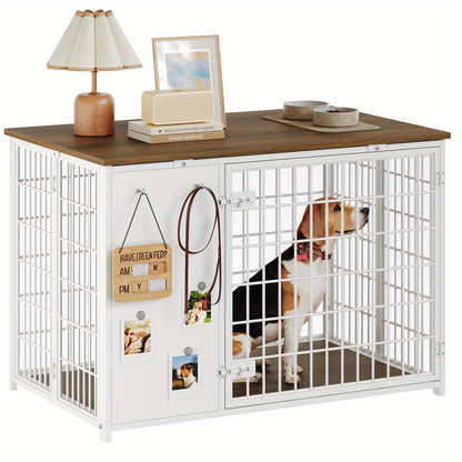 Foldable Dog Crate Furniture, Heavy Duty Dog Kennel Indoor with Hooks, Dog Crate with DIY Frame, Wooden Dog Cage End Table, for Small\Medium Dogs, White and Walnut