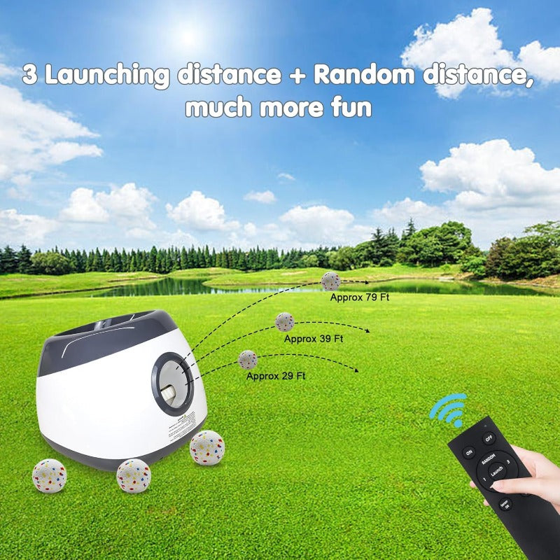 Automatic Dog Ball Launcher with Remote Control - Upgraded Interactive Automatic Ball Thrower for Medium & Large Dogs, 29ft\79ft Range, 3 Speed Settings, Battery-Powered (Batteries Not Included) - Includes 5 ETPU Balls