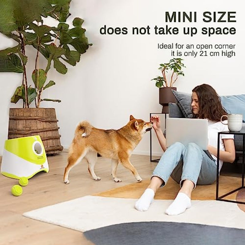 Automatic Dog Ball Launcher with 3 Range Modes, 6 Mini Tennis Balls & Data Cable Plug-in Automatic Operation, Indoor\Outdoor Interactive Ball Thrower for Small\Medium Dogs, for Puppy Training & Solo Play