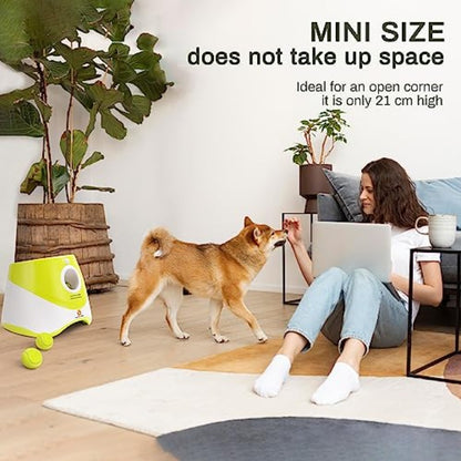 Automatic Dog Ball Launcher with 3 Range Modes, 6 Mini Tennis Balls & Data Cable Plug-in Automatic Operation, Indoor\Outdoor Interactive Ball Thrower for Small\Medium Dogs, for Puppy Training & Solo Play