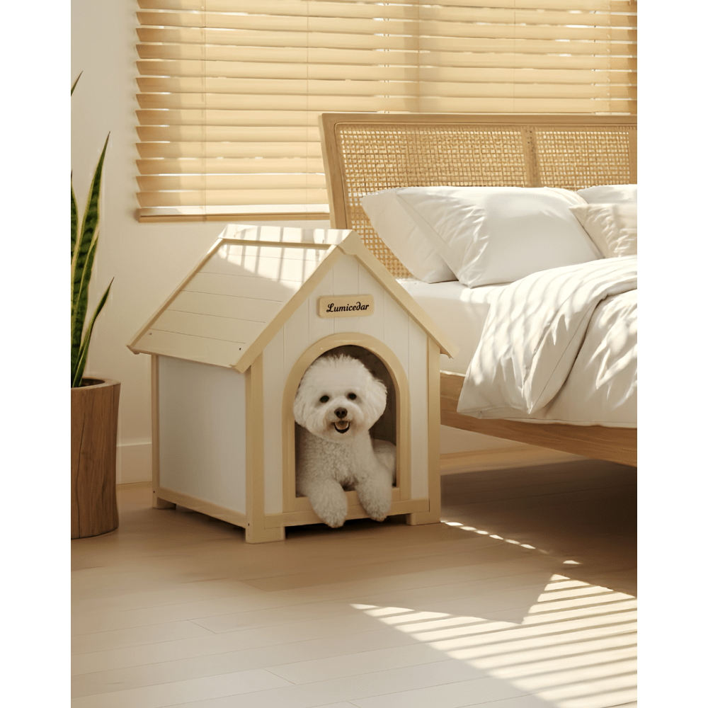 Cream Yellow FSC Solid Cedar Cabin Style Pet House | Indoor Shelter for Small Dogs and Cats, Wood Material