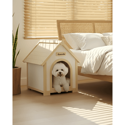 Cream Yellow FSC Solid Cedar Cabin Style Pet House | Indoor Shelter for Small Dogs and Cats, Wood Material