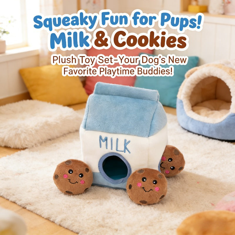 Burrow Interactive Dog & Puppy Toys - Plush Hide & Seek Puzzle with Squeaker, Milk & Cookie-Themed Chew-Resistant Chewable Enrichment Activity, Soft Plush Material for Mental Stimulation & Foraging Instincts