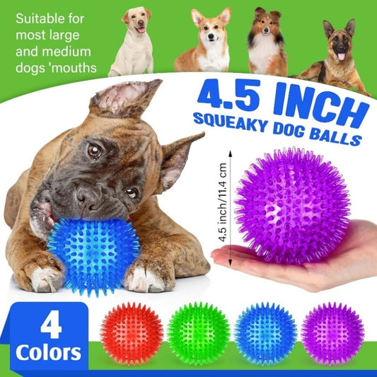 12 Pack 4.5" Heavy Duty Squeaky Dog Balls | Medium Large Dogs, Large Spiky Ball Toys for Aggressive Chewers, Pet Training, Clean Teeth, Outdoor, 4 Colors, Natural Rubber