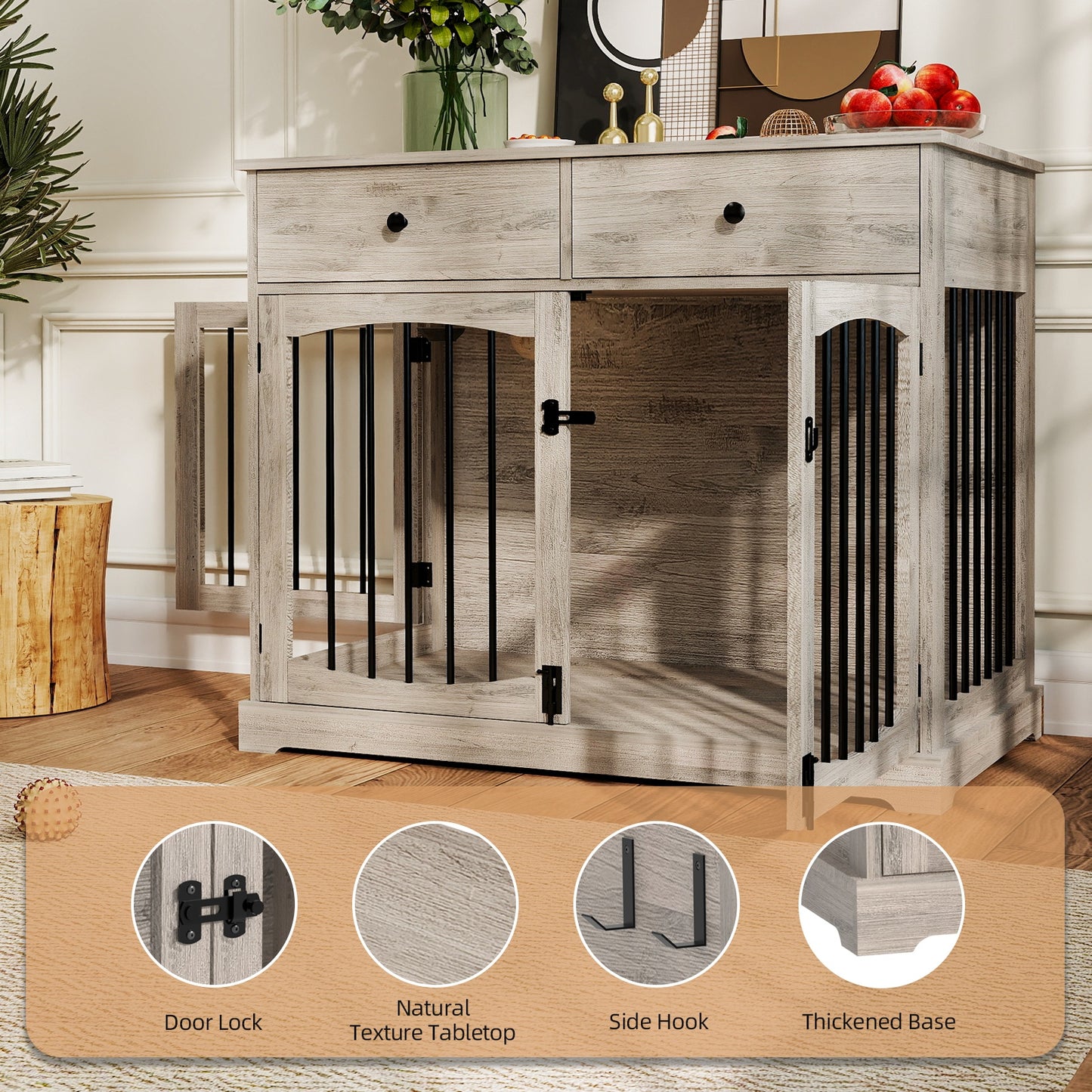 40 Inch Heavy-Duty Iron Multi-Functional Dog Kennel & End Table with Double Door Design, 2 Storage Drawers & Sturdy Top - 150 lbs Weight Capacity, Oak Grey - Decorative Indoor Pet House for Small, Medium & Large Dogs, Space-Saving Furniture for Apar