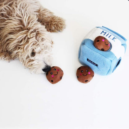 Burrow Interactive Dog & Puppy Toys - Plush Hide & Seek Puzzle with Squeaker, Milk & Cookie-Themed Chew-Resistant Chewable Enrichment Activity, Soft Plush Material for Mental Stimulation & Foraging Instincts