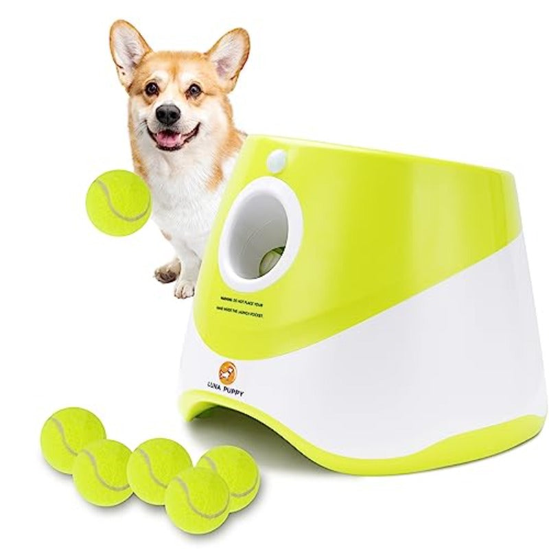 Automatic Dog Ball Launcher with 3 Range Modes, 6 Mini Tennis Balls & Data Cable Plug-in Automatic Operation, Indoor\Outdoor Interactive Ball Thrower for Small\Medium Dogs, for Puppy Training & Solo Play