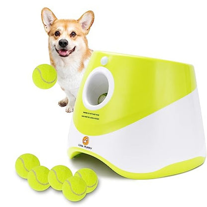 Automatic Dog Ball Launcher with 3 Range Modes, 6 Mini Tennis Balls & Data Cable Plug-in Automatic Operation, Indoor\Outdoor Interactive Ball Thrower for Small\Medium Dogs, for Puppy Training & Solo Play