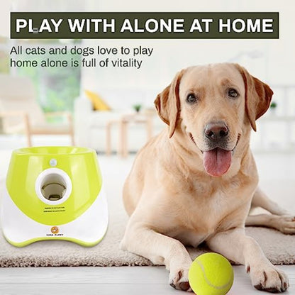 Automatic Dog Ball Launcher with 3 Range Modes, 6 Mini Tennis Balls & Data Cable Plug-in Automatic Operation, Indoor\Outdoor Interactive Ball Thrower for Small\Medium Dogs, for Puppy Training & Solo Play