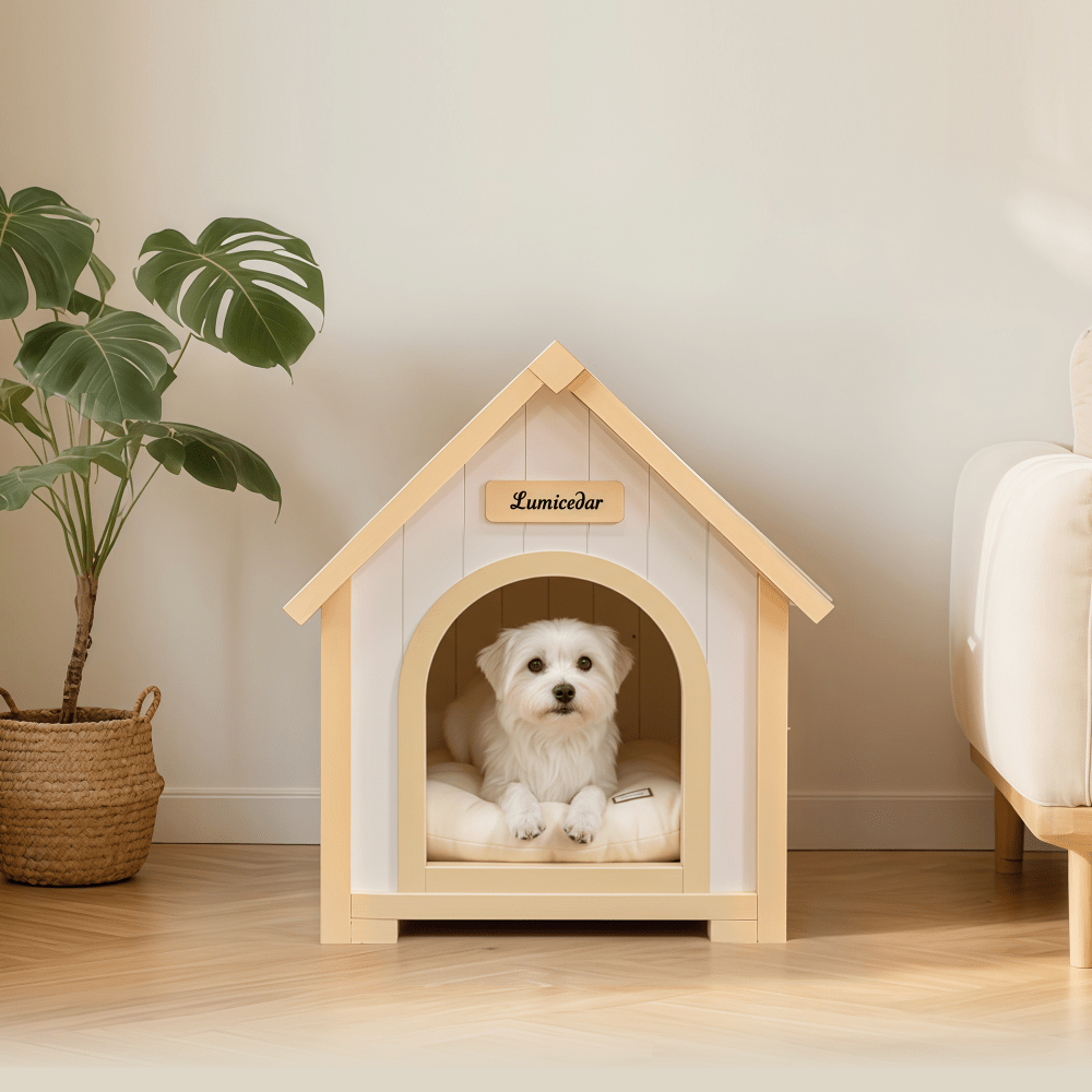 Cream Yellow FSC Solid Cedar Cabin Style Pet House | Indoor Shelter for Small Dogs and Cats, Wood Material