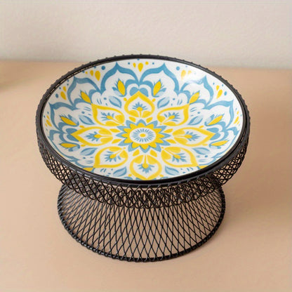 2pcs set: 1 high-neck bowl+ 1 bowl, Bohemian style pet feeding bowl