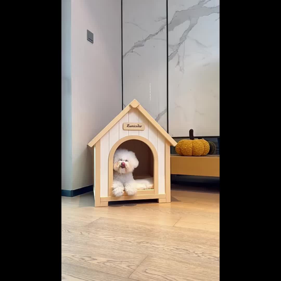 Cream Yellow FSC Solid Cedar Cabin Style Pet House | Indoor Shelter for Small Dogs and Cats, Wood Material