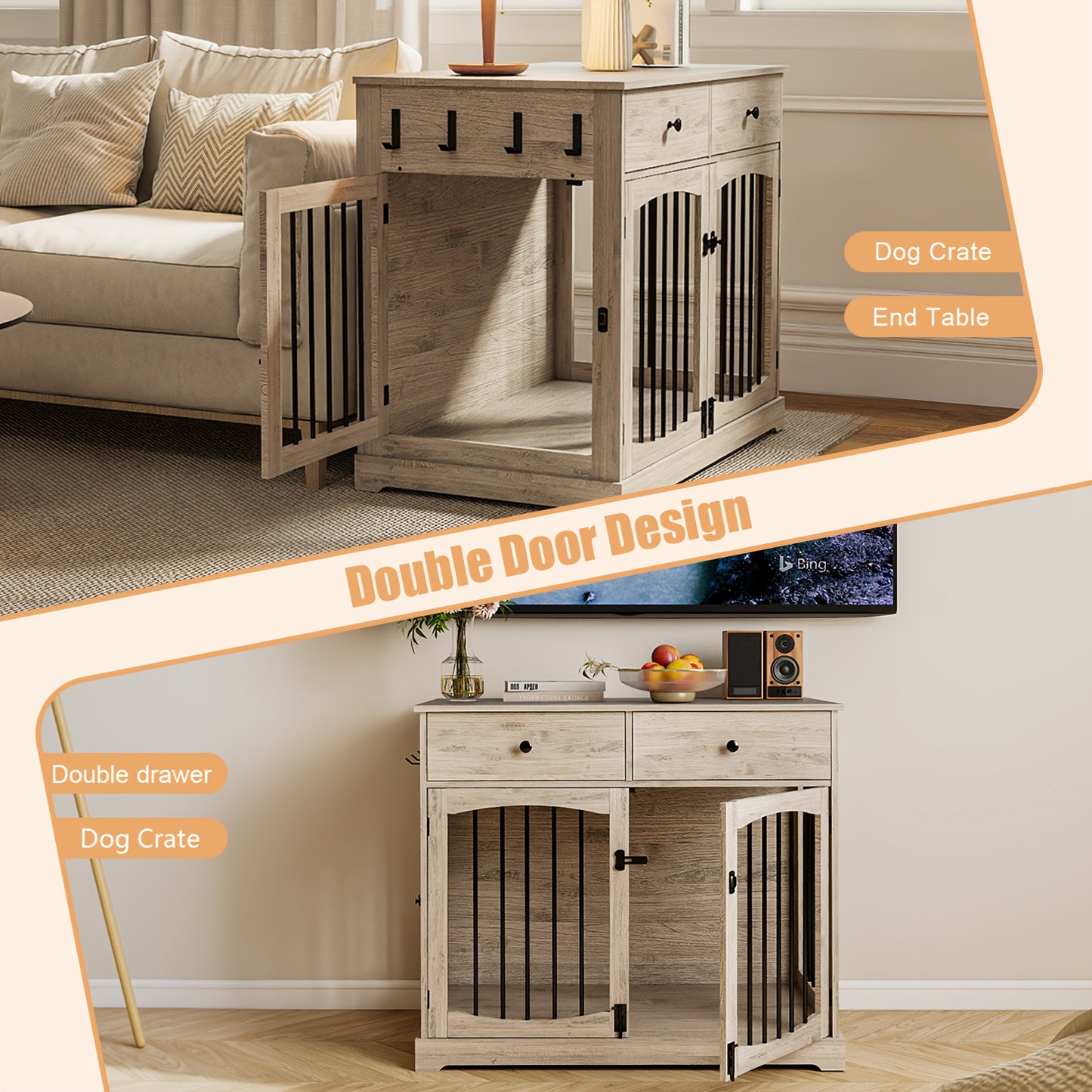 40 Inch Heavy-Duty Iron Multi-Functional Dog Kennel & End Table with Double Door Design, 2 Storage Drawers & Sturdy Top - 150 lbs Weight Capacity, Oak Grey - Decorative Indoor Pet House for Small, Medium & Large Dogs, Space-Saving Furniture for Apar