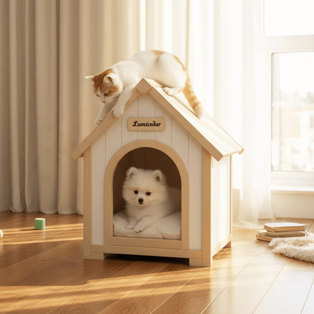 Cream Yellow FSC Solid Cedar Cabin Style Pet House | Indoor Shelter for Small Dogs and Cats, Wood Material