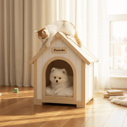 Cream Yellow FSC Solid Cedar Cabin Style Pet House | Indoor Shelter for Small Dogs and Cats, Wood Material
